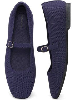 Women's Navy Blue Stretchy Breathable Knit Upper Anti-Slip Square Toe Flat Shoes